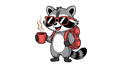 Hip Cartoon Raccoon with Sunglasses, Backpack, and Holding a Coffee Cup