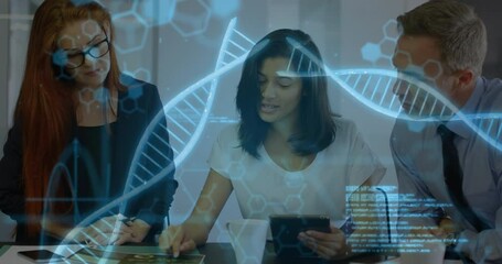 Female colleague tapping tablet in biotech activating holographic DNA helix, team swiping nodding - Powered by Adobe