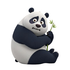 Obraz premium A worried cartoon panda sits clutching a bamboo stalk, displaying a concerned expression.