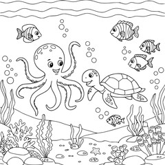 Sea turtle swimming with marine animals underwater in a tropical ocean scene