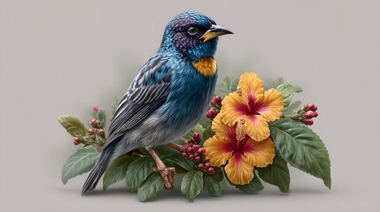 Lifelike watercolor scene of a paradise bird resting on a cluster of vivid tropical flowers, surrounded by soft green leaves. .jpg