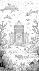 Underwater scene with a building and marine life.