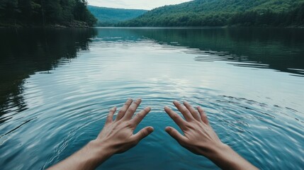Hands reaching out to touch the surface of a calm lake