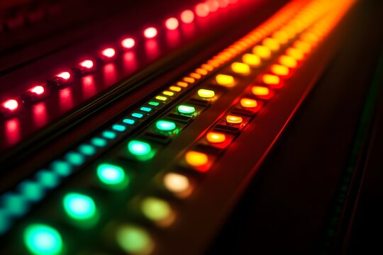 Abstract composition showing rows of glowing LED lights being tested on a factory assembly line, with bright green and red tones.