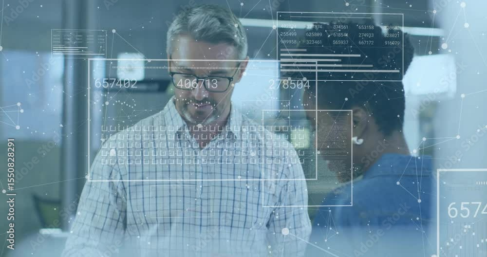 Poster floating boxes starting finance data update as man explaining figures on transparent ui for review