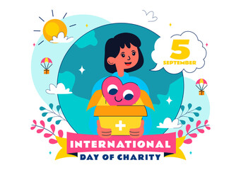 International Day of Charity Vector Illustration on September 5th Featuring a Donation Package and Love Concept by a Volunteer in a Flat Background