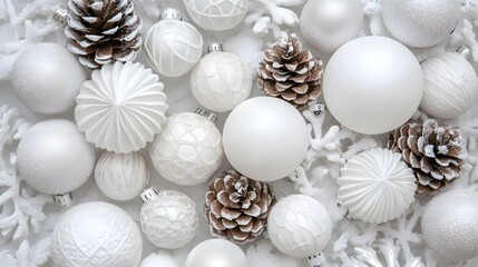 White Christmas Ornaments Pine Cones Festive Winter Background