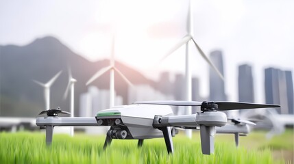 Drone in green field with wind turbines and urban landscape backdrop