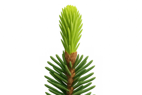 Green spruce branch sprouting, transparent backdrop highlighting delicate needles and vibrant botanical texture