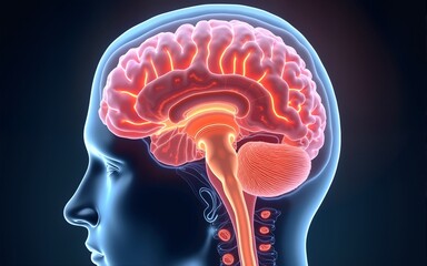 3D illustration of meningitis inflammation on the brain and spinal cord, showcasing the effects of infection and swelling in vivid detail. High quality