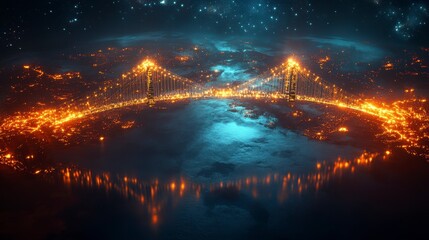 Stunning Aerial View of Illuminated Bridge in Night Sky Over Water