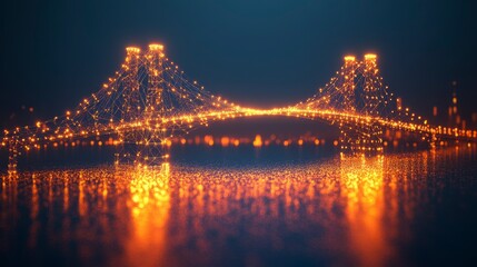Glowing Bridge at Night with Reflections in Calm Water Surface