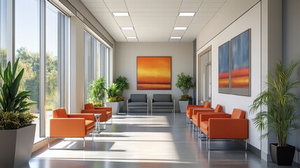 Fototapeta premium Bright and Airy Waiting Room with Orange Chairs and Artworks