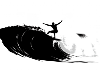 Surfer silhouette on wave isolated on transparent background
