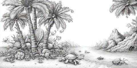 Detailed black and white illustration of a tropical island paradise.