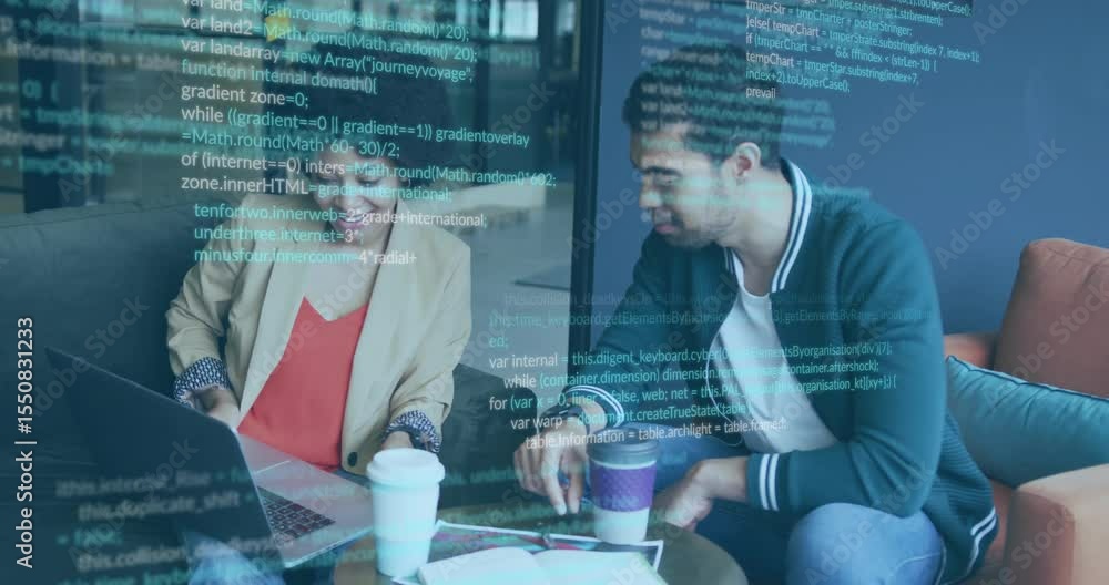 Poster upon placing laptop on couch woman and man reviewing code with floating lines showing tech focus