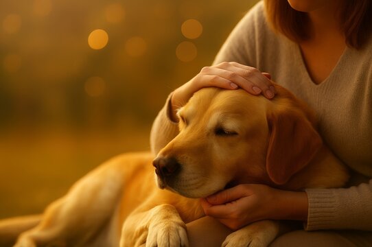 Comforting a Golden Labrador Dog – Pet Hospice Care and Grief Support Concept