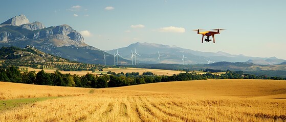 Drone Flying Over Rural Landscape with Wind Turbines in Background