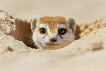 A baby mongoose peeking out from a burrow its nose twitching as sunlight warms the sandy surroundings