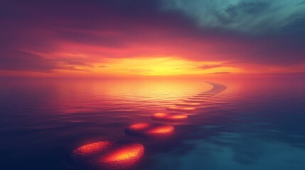 Fototapeta premium Serene Sunset Over Water with Glowing Footsteps Leading Away