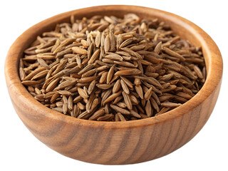 Dried caraway seeds in a wooden bowl isolated on white background. Suitable for marketing or business purposes. PNG file