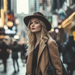 This stock photo features a stylish model walking through a bustling city street." -.