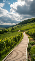 Fototapeta premium Wooden walkway through sunlit vineyard rows on a hillside