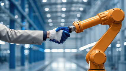 A human hand in a business suit shakes hands with a robotic arm in a modern industrial setting, symbolizing collaboration between humans and technology.