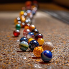 A colorful trail of marbles scattered across a smooth surface, leading to a hidden spot." 