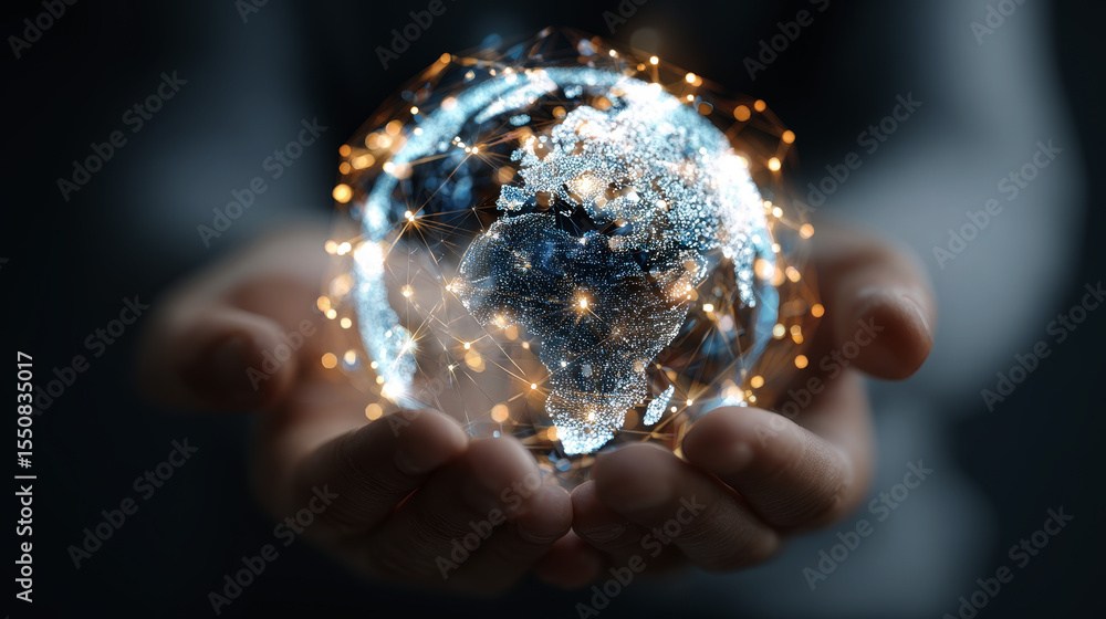 Poster a luminous orb of global interconnectedness held gently by a person: an artistic rendering of a netw