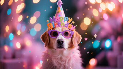 A puppy wearing a birthday hat