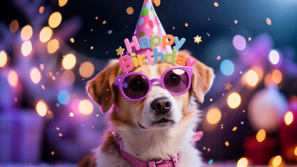A puppy wearing a birthday hat