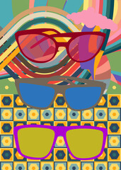 Retro 70s Background with Glasses. Groovy Fashion 1970s art template. Minimalistic Vintage design poster. Old-fashioned color artwork.
