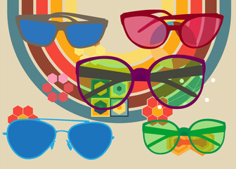 Retro 70s Background with Glasses. Groovy Fashion 1970s art template. Minimalistic Vintage design poster. Old-fashioned color artwork.