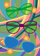 Retro 70s Background with Glasses. Groovy Fashion 1970s art template. Minimalistic Vintage design poster. Old-fashioned color artwork.