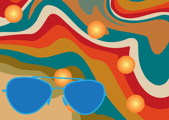 Retro 70s Background with Glasses. Groovy Fashion 1970s art template. Minimalistic Vintage design poster. Old-fashioned color artwork.