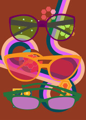 Retro 70s Background with Glasses. Groovy Fashion 1970s art template. Minimalistic Vintage design poster. Old-fashioned color artwork.
