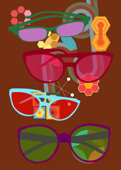 Retro 70s Background with Glasses. Groovy Fashion 1970s art template. Minimalistic Vintage design poster. Old-fashioned color artwork.