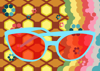 Retro 70s Background with Glasses. Groovy Fashion 1970s art template. Minimalistic Vintage design poster. Old-fashioned color artwork.