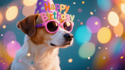 A puppy wearing a birthday hat