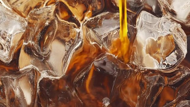 Close-up of ice cubes in a dark beverage, highlighting texture and clarity