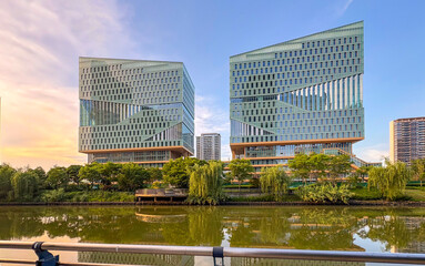 Modern architecture by the river in the city