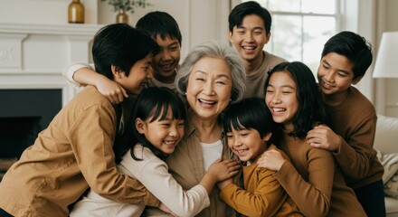 Fototapeta premium Multigenerational Family Portrait: A heartwarming image capturing the joy and love of a large family gathered together, celebrating their bond and shared moments.