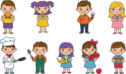 Adorable Cartoon Children Enjoying Healthy Snacks and Fun Activities, Perfect for Kids' Illustrations flat vector illustration