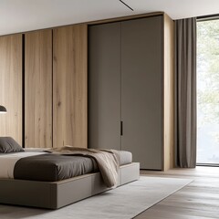 Minimalist bedroom with modular wardrobe and drawers 