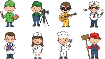 Adorable Cartoon Characters in Diverse Occupations, Perfect for Educational and Professional Illustrations flat vector illustration