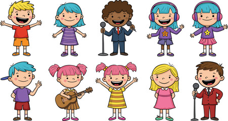 Cheerful Cartoon Kids with Diverse Outfits and Activities, Perfect for Children's Illustrations and Fun Designs flat vector illustration