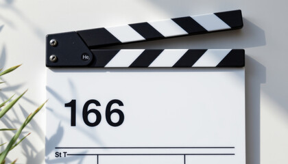 Clapperboard with black and white striped top, displaying number 166. scene captures cinematic atmosphere, perfect for film production or movie related themes