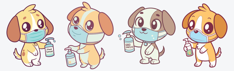 Adorable dog animal wearing masks and using sanitizer, Stay safe in style simple flat design vector.