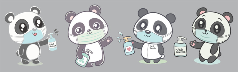 A carton Cute panda animal wearing masks and using sanitizer, funny animal wearing mast for safety.